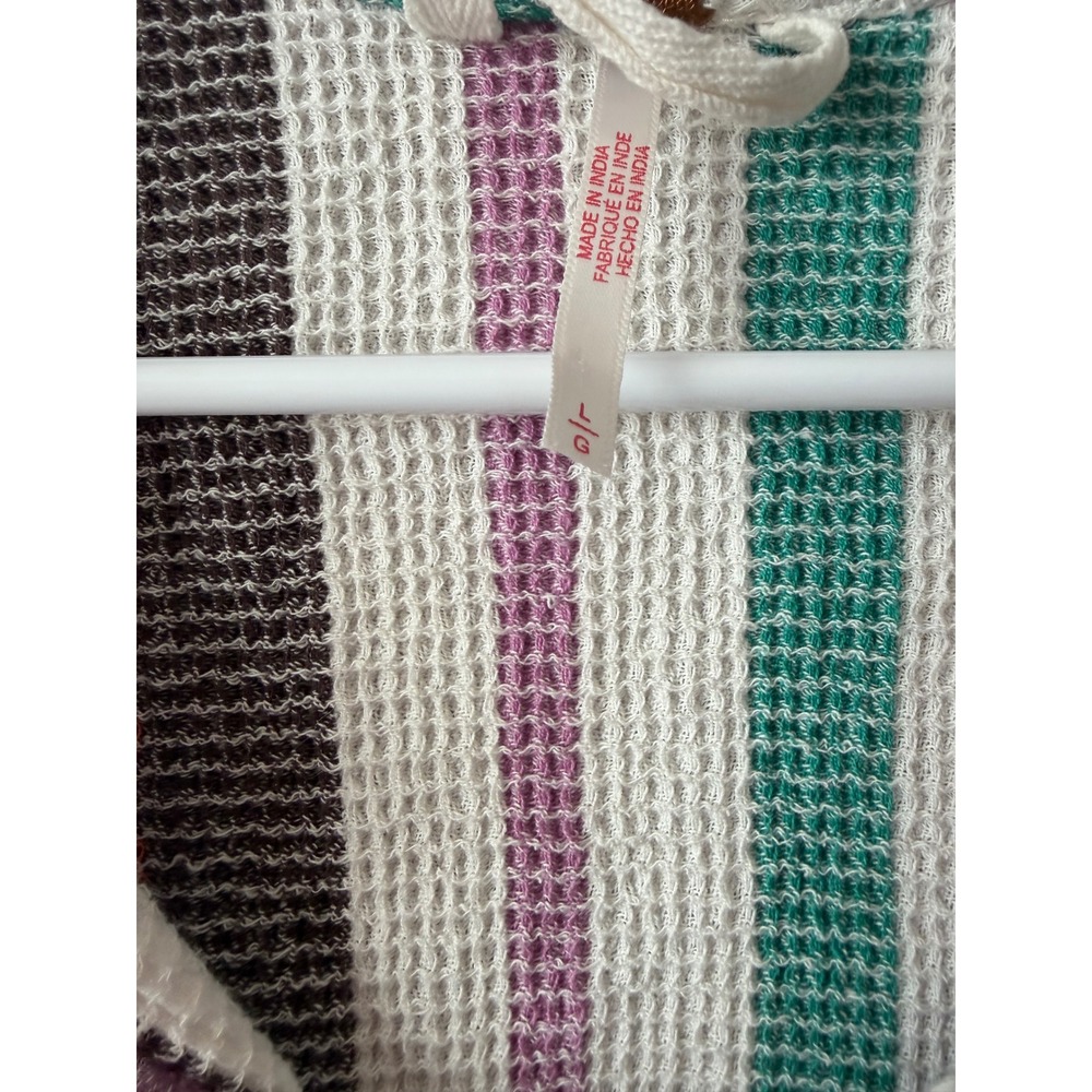 Free People Striped Waffle Knit Henley Polo Shirt Multi Color Short Sleeve Large - Picture 5 of 6